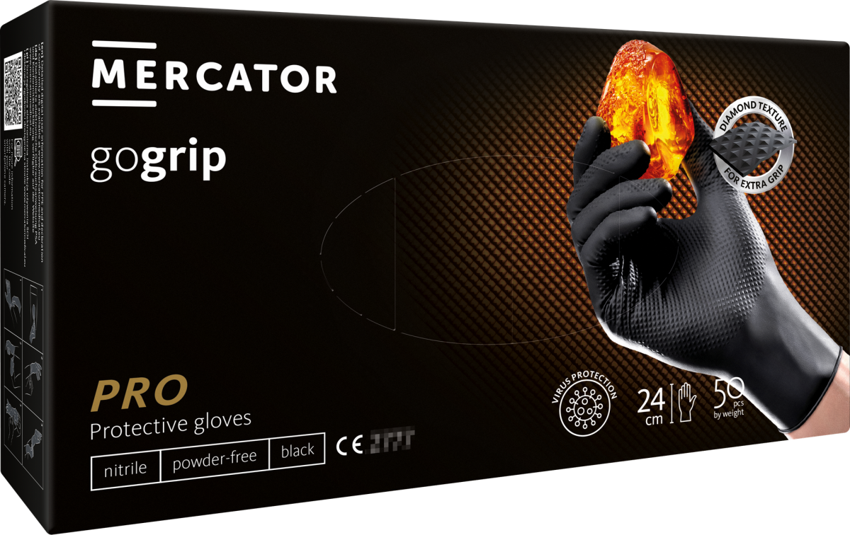 MERCATOR Gogrip Black — черные, прочные нитриловые перчатки с 3D текстурой