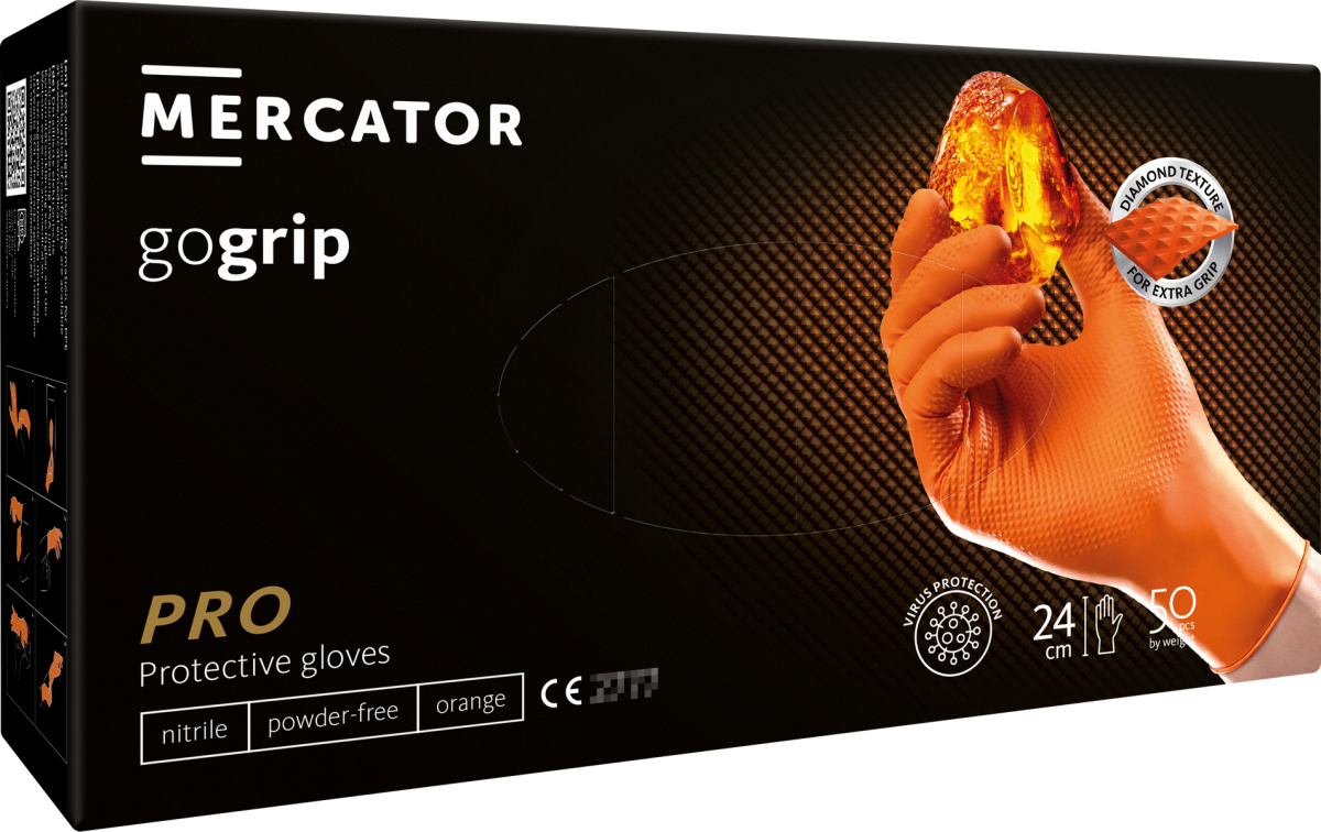 MERCATOR Gogrip Orange — оранжевые, прочные нитриловые перчатки с 3D текстурой