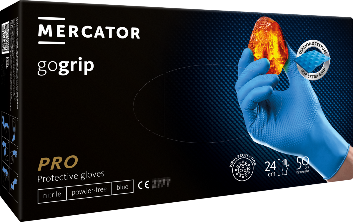 MERCATOR Gogrip Blue — синие, прочные нитриловые перчатки с 3D текстурой
