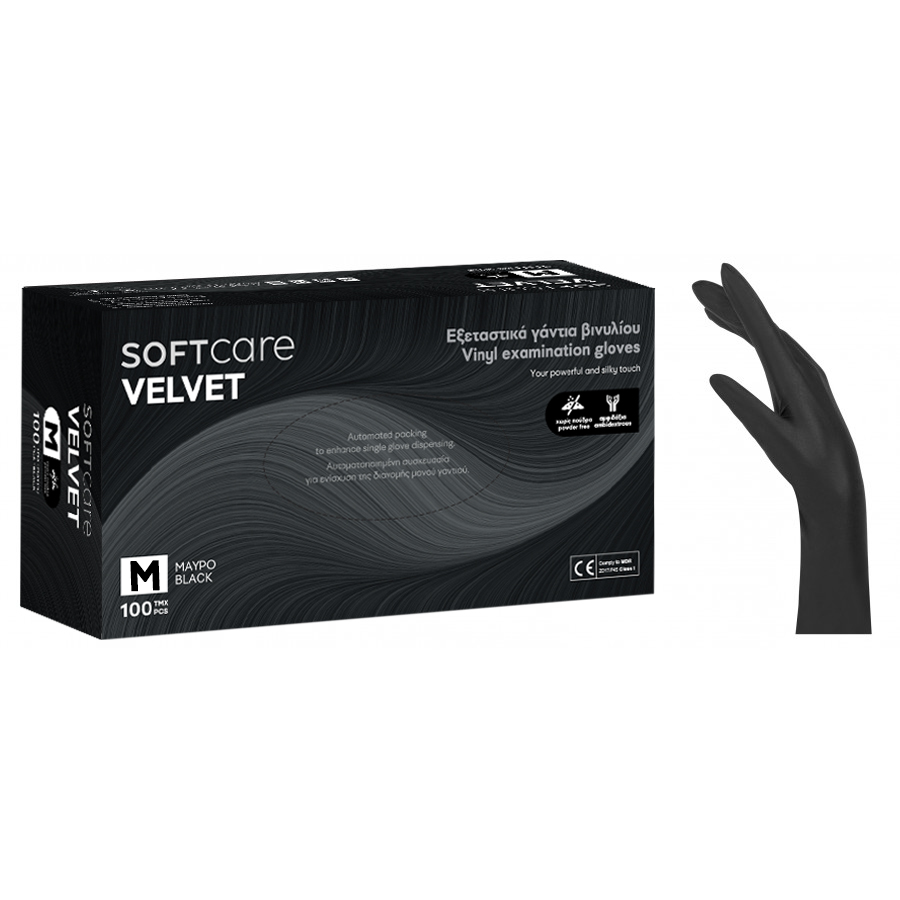 Виниловые перчатки Soft Care VELVET без пудры - Черные (100 шт.)