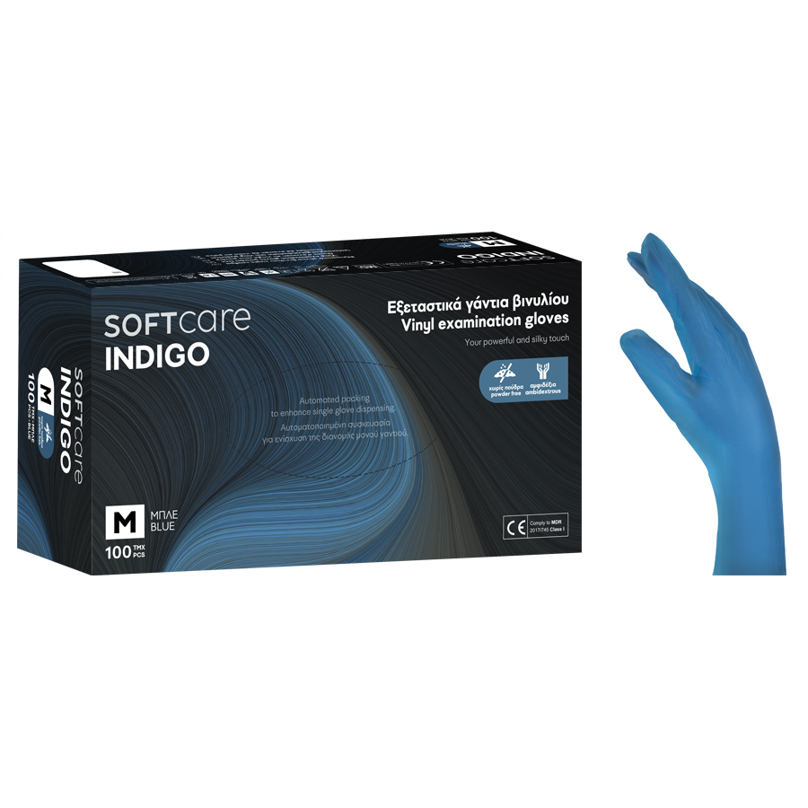 Перчатки Vinyl Soft Care INDIGO без пудры - Синие (100 шт.)